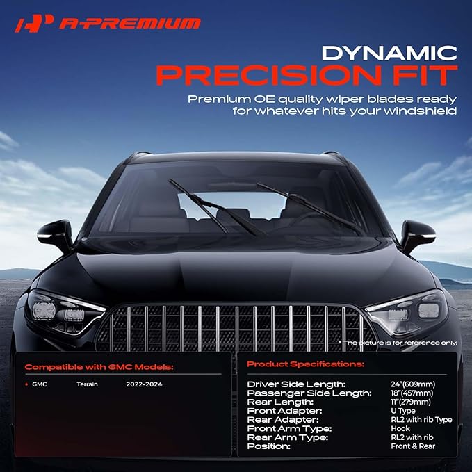 A-Premium 24"+18"+11" Windshield Wiper Blades Compatible with GMC Terrain 2022 2023 2024 - Front Rear Wipers Blade Set, Hook/RL2 with rib Arm Connector, with Wear Indicator & Towel (Pack of 3)