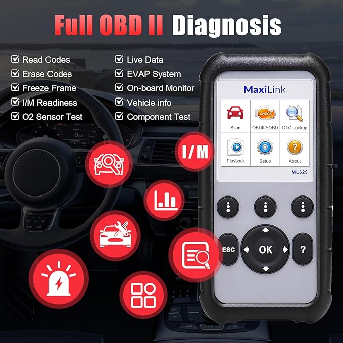 Autel MaxiLink ML629 OBD2 Scanner Upgraded Version of AL519 AL619 ML619 Full OBDII Code Reader ABS SRS Engine Transmission Diagnostics Tool with DTC Lookup Auto VIN