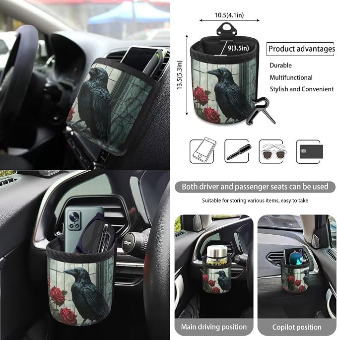 Raven Rose Printed 15 Pack Car Seat Cover Set with Steering Wheel Seat Belt Strap Rearview Mirror Cover Garbage Cans Air Vent Pouch Coasters Keychain Universal Fit for SUV Sedans
