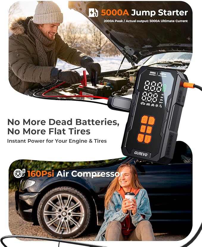 Jump Starter with Air Compressor, Car Battery Jumper Starter Portable with Auto-Shutoff Tire Inflator, Car Battery Charger Jump Box for 8.0L Gas/6.0L Diesel Engines