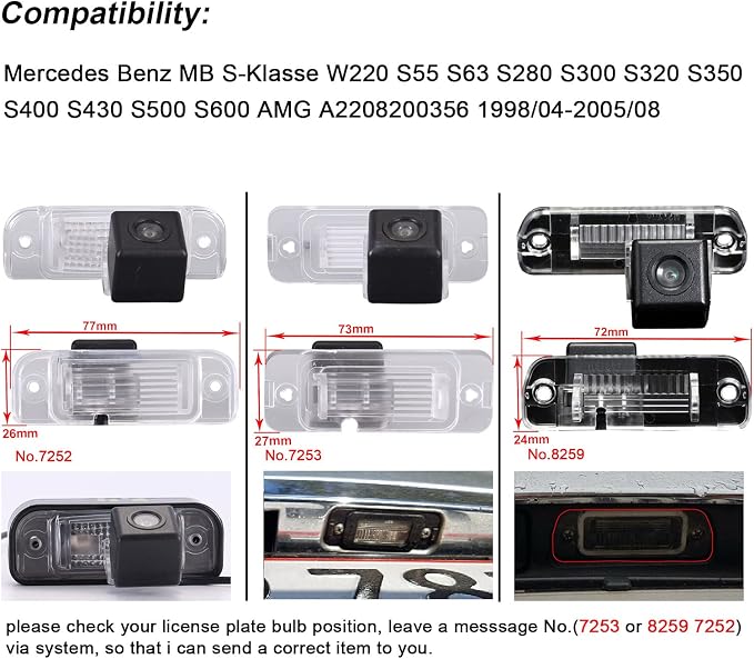 HD Backup Camera,170 Wide Angle, License Plate, IP67 Waterproof, Reverse Camera for Mercedes Benz MB S-Klasse W220 S55 S63 S280 S300 S320 S350 S400 S430 S500 S600 AMG A2208200356 1998/04-2005/08