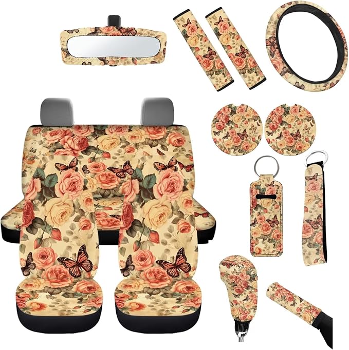 Rose Car Seat Covers 14Pcs, Butterfly Retro Rose Automotive Seat Covers Accessory Full Set with Keychain+Steering Wheel Cover+Auto Mirror Cover+Cup Holder Mat