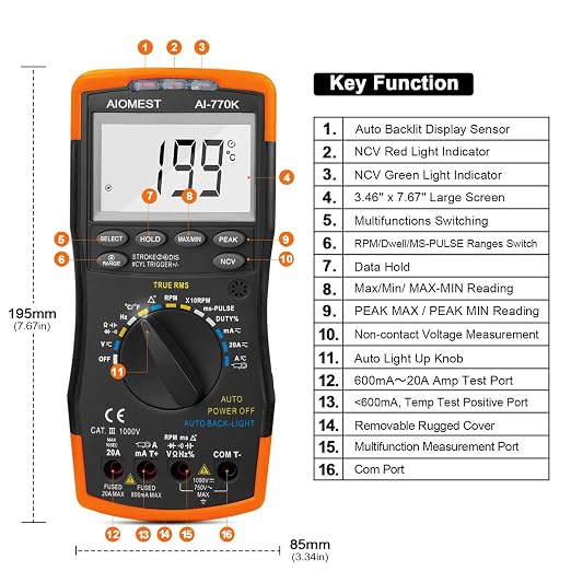 Automotive Multimeter Engine Analyzer, AIOMEST Digital DMM Meter AI-770K to Measure Car Dwell Angle, RPM Tach, Injection Pulse, AC/DC Amp Voltage Ohm True-RMS 6000 Count Multi Tester
