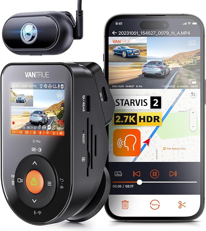 Vantrue S1 Pro DMS AI Dash Cam Front and Inside, ADAS, DMS, 2.7K 2 Channel Dash Camera, STARVIS 2 Dashcam, HDR Night Vision, 5G WiF i& GPS, APP/Voice Control, 24/7 Parking Mode, 1TB Max