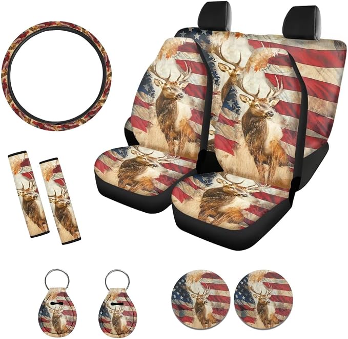 Xoenoiee American Flag Hunting Deer Pattern 11 Pcs Car Accessories Seat Cover Full Set, Steering Wheel Cover, Front & Rear Seat Cover, Seat Belt Pads, Cup Coaster, Key Chains - Universal Fit