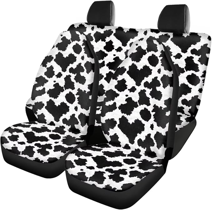 Cow Print Car Seat Covers, Auto Floor Mats, Car Steering Wheel Cover, Shoulder Pads, Armrest Pad, Roof Gloves, Cup Coaster, Keychain, Automotive Interior Accessories Set of 18