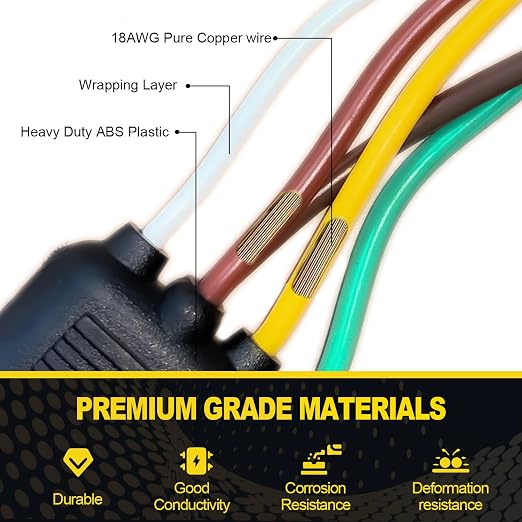 32FT Trailer Wiring Harness Kit, 4 Pin 5 Wire Trailer Wiring Harness, Boat Trailer Wiring Harness, 5 Wire 4 Pin Flat Trailer Connector, for Connection of Tail Lights, Brake Lights and Turn Signals