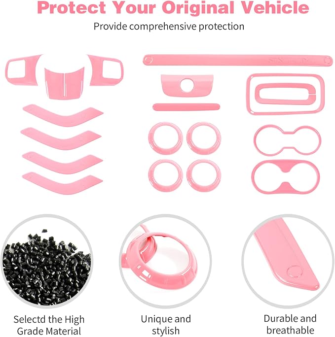 CheroCar 18PCS Interior Trim Kit for Jeep Wrangler JK JKU 2011-2018 4 Door,Steering Button Frame, Air Conditioning Vent Trim Cup Holder Cover,Gear Shift Knobs Frame,Pink…