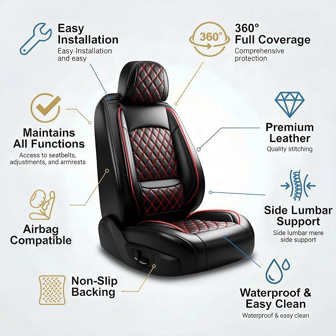Fit Expedition Car Seat Covers for Ford Expedition 2011-2025 2026(Only 5-Seat Version) - Luxury Leather, All-Weather Seat Cushions, Waterproof, Airbag Compatible, Full 5-Seat Set (Redline)