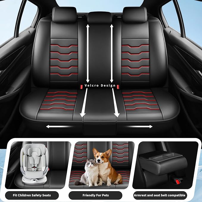 Fit Frontier Car Seat Covers Premium Leather for Nissan Frontier 2012-2025 2026. Waterproof， Anti-Slip, Scratch-Resistant & All-Weather Seat Cushion Protector (Full Set, Red Line Black)
