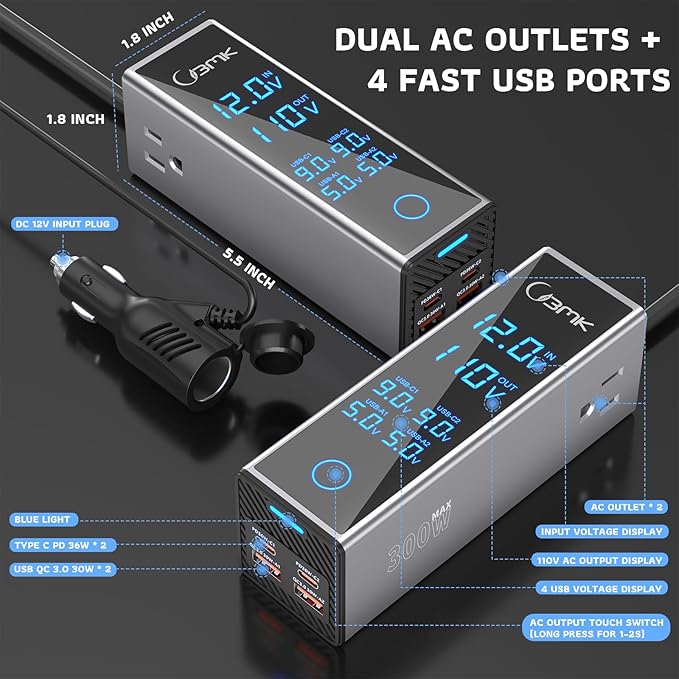 300W Car Power Inverter 12V DC to 110V AC Outlet Adapter 4 Fast USB Ports with PD 36W QC3.0 LCD Voltage Display Stackable Design for Laptop CPAP Road Trip Essentials