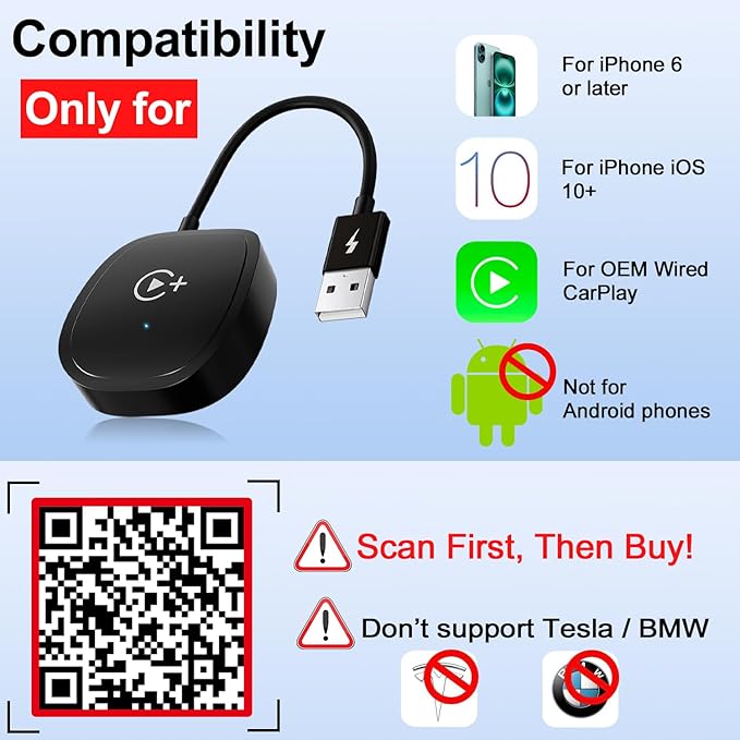 XHU Wireless CarPlay Adapter, CarPlay Wireless Adapter Supports Netflix, YouTube, and TikTok Stream Media Play, for OEM Wired CarPlay to Wireless Dongle, Only Fits for iOS 10+ Phone & Cars from 2016