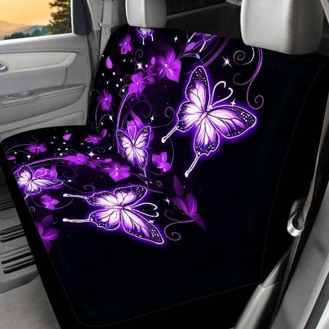Neon Butterfly Car Accessories Set Full Sets 17 Pack Purple Butterfly Car Seat Covers with Front and Split Rear Bench,Seat Belt Cover Pad,Auto Front Rear Foot Carpet All Weather,Universal Fit
