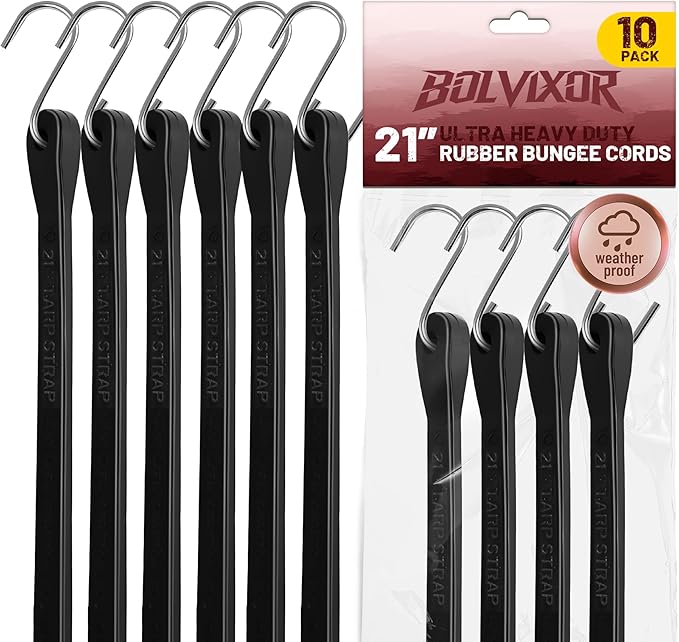 Bungee Cords with Hooks (10 Pack) – 21" Heavy Duty EPDM Rubber Tarp Straps, Max Stretch 2X, Load 180+ LBS, Crimped S Hooks for Cargo, Trucks, Camping, Outdoor Use