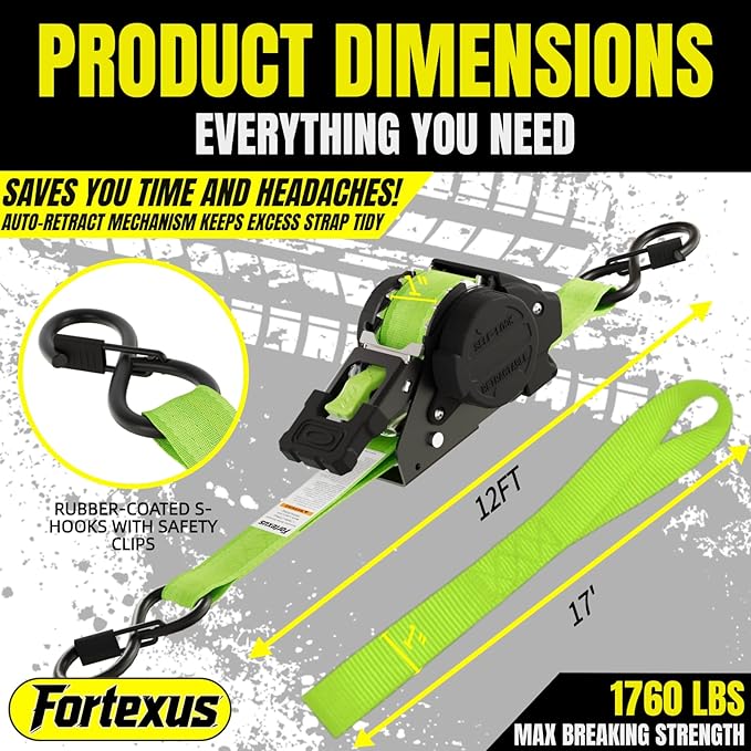 Retractable Ratchet Straps,1'' x 12' Tie Downs Automatic Retractable Ratchet Straps 1760lb Break Strength for Trailer,Motorcycle,Scooter,Pickup Truck,UTV,Kayak(Neon Green,4 Pack)