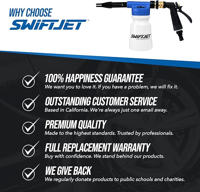 SwiftJet Car Wash Foam Gun + Microfiber Wash Mitt - Foam Cannon Works with Any Soap - Garden Hose Car Foam Sprayer - Car Wash Kit - Car Accessories Foam Blaster (Blue Foam Gun with Mitt)