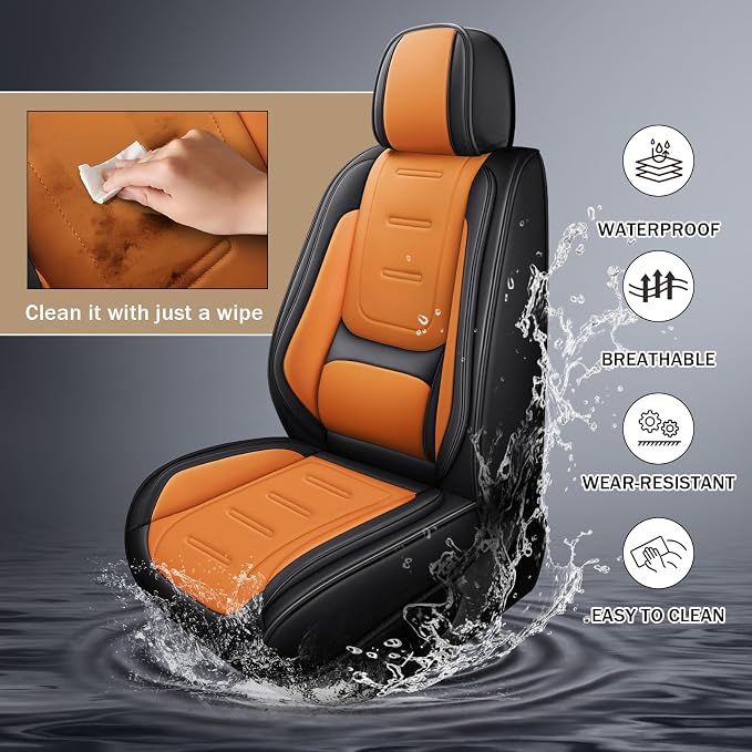 otoez Nappa Leather Car Seat Covers Full Set, Breathable Leather Automotive Seat Covers Front & Rear Seat Protectors with Lumbar Support, Universal Fit for Most Cars SUV Truck Sedan(Black+Orange)