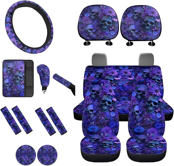 Lotusorchid Skull Print Car Seat Covers Set for Women Girls, Daisy Printed Car Seat Covers Full Set with Gear Lever Cover and Hand Brake Cover Steering Wheel Protector Vehicle Seat Belt Pad