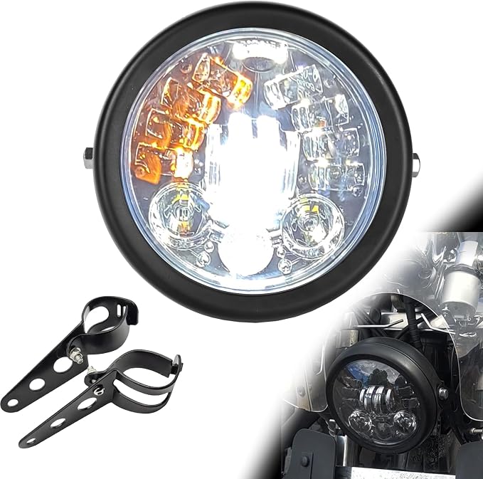 5.75inch Motorcycle Headlight with White DRL Integrated Amber Turn Signal Matte Black Housing Bucket 32-40MM Fork Tube Side Mount Brackets fit for Choppers Metric bikes Cafe racers Vulcan