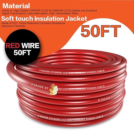 4 Gauge Wire (50FT) Red Copper Clad Aluminum CCA - Primary Automotive Wire,Car Amplifier Power & Ground Cable,Battery Cable for Car Audio Speaker,Solar, Auto, RV Trailer Amp Wiring kit