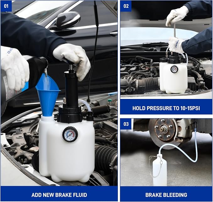 3L Brake Bleeder Kit with Pressure Pump, Brake Fluid Bleeder Kit with 1L Brake Bleeder Bottle and 4 Master Cylinder Adapters for European and American Vehicle