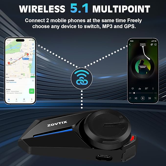 Motorcycle Helmet Headset 3 Riders Communication System S2 Intercom with Music Sharing/HiFi Sound/3 EQ Music Modes/DSP&CVC Noise Cancellation/IP67/FM Radio - S2-Black 2 Pack