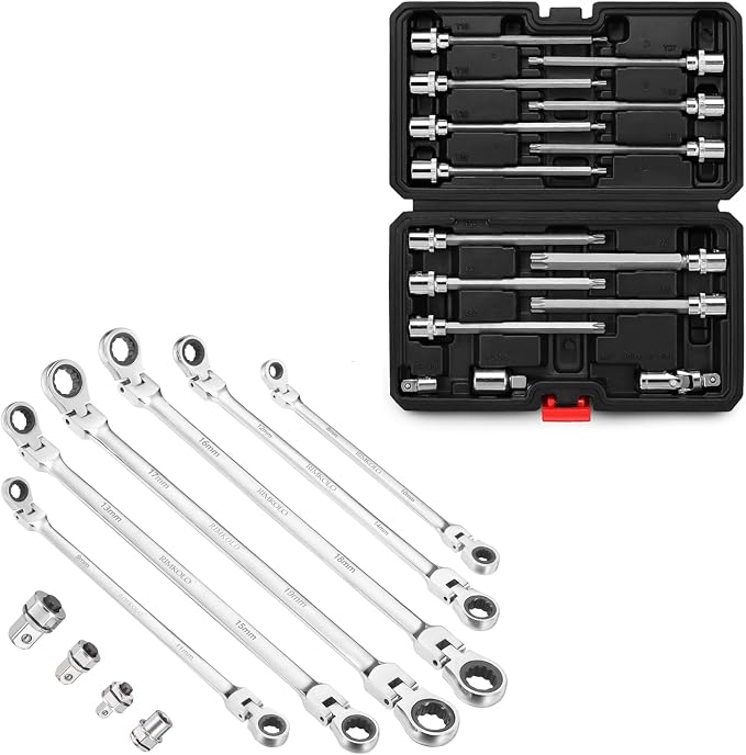 15-Piece 3/8" Drive Extra Long Torx Bit Socket Set & 6-Piece Extra Long Flex-Head Ratcheting Wrench Set