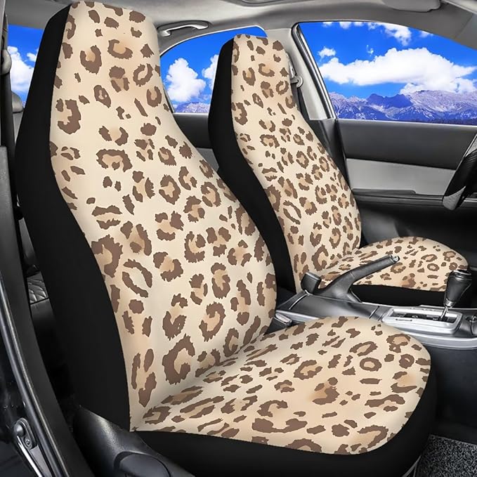 Leopard Print 11 Pieces Car Seat Covers Full Set Car Front Seat Cover Rear View Mirror Cover Steering Wheel Cover Seat Belt Pad Cover Gear Lever Cover Fits for Cars,SUVs