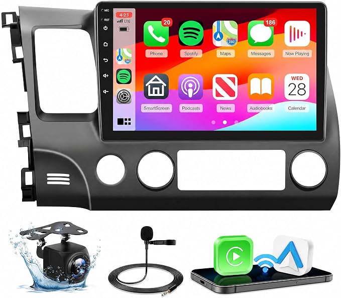 4G 64G Car Stereo for Honda Civic 2006-2011 Radio with 10.1inch 1280x720 Touch Screen AI Radio DSP 32EQ Wireless Carplay Android Auto Bluetooth 5.0 GPS FM/RDS 5G WiFi MirrorLink AHD Backup Camera