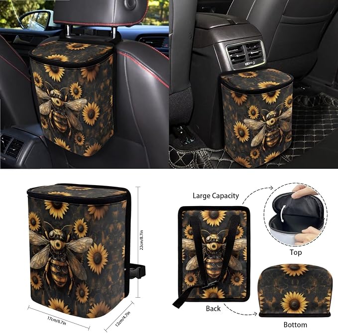 Bee Sunflower Pattern Car Seat Covers Full Set Steering Wheel Cover Seatbelt Covers Keychain Coasters Trash Bin Air Outlet Pocket Rearview Cover, 15pcs Car Interior