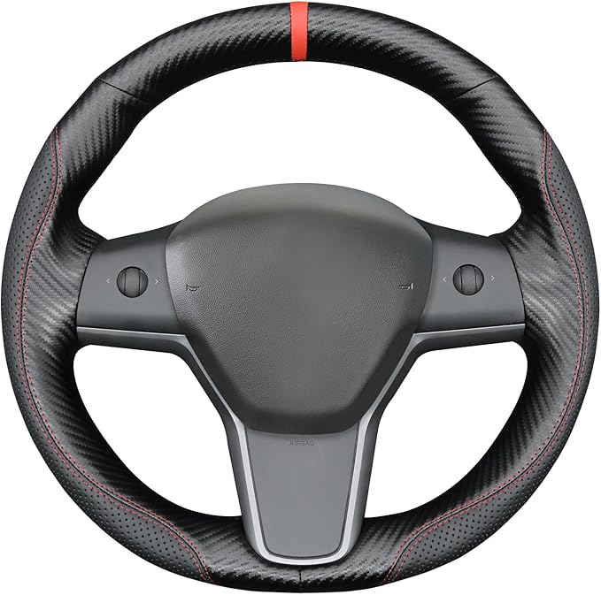 MEWANT Hand Stitch Faux Leather PU Carbon Fiber Steering Wheel Cover Wrap for Tesla Model Y 2023 Tesla Model 3 2020