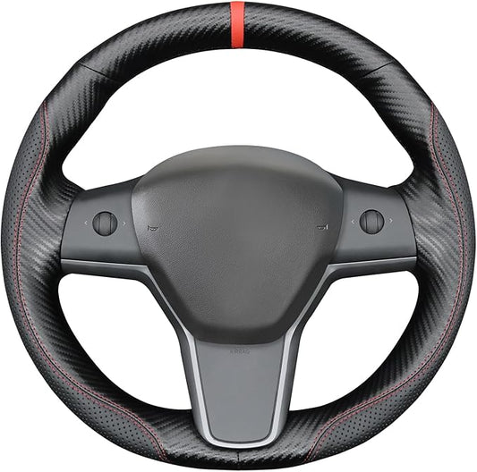 MEWANT Hand Stitch Faux Leather PU Carbon Fiber Steering Wheel Cover Wrap for Tesla Model Y 2023 Tesla Model 3 2020