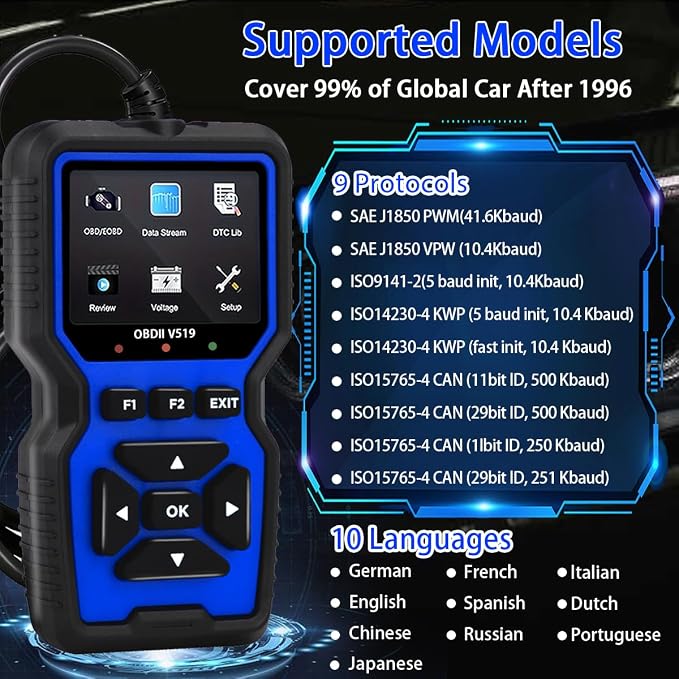 V519 OBD II Car Scanner, Diagnostic Error Finder, Fault Code Detection and Real-Time Data Stream, Compatible with All OBD II Protocol Vehicles from 1996+