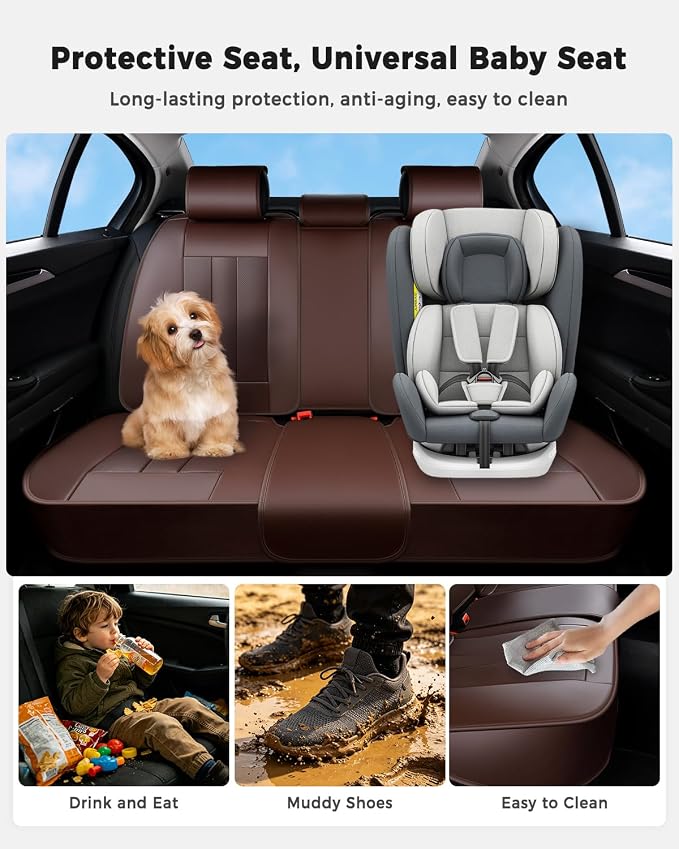 Huidasource Rear Row Seat Covers, Waterproof Faux Leather, Universal Fit for Most Cars, SUVs & Trucks, Easy to Install, Spill & Dirt Resistant, Great for Travel & Pets, Coffee