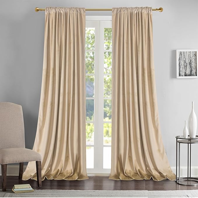 Roslynwood Luxury Soft Sand Velvet Curtains 90 inches Long Back Tab Thermal Insulated Blackout Window Drapes for Living Room/Bedroom/Dining Room, W52 x L90, 2 Panels
