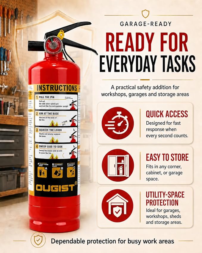 Ougist ABC Fire Extinguisher for Home, 2.5lb Small Fire Extinguisher for Kitchen & Garage, Vehicle Fire Extinguisher for Truck, Car and Boat, Professional Safety Grade, Red