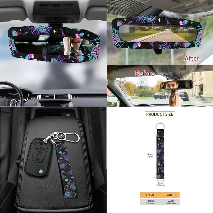 Mushroom Bat Spider Web Car Seat Covers 15Pcs Full Set Car Steering Wheel Cover Seat Belt Cover Trash Bin Air Vent Storage Box Rear View Mirror Car Cup Holder Keychain Halloween Decor