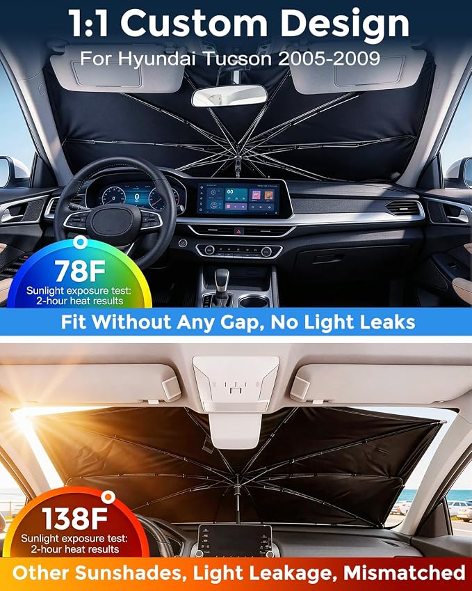 Weektic Custom Windshield Sun Shade Umbrella for Hyundai Tucson 2005-2009, [Double Thickened Ice Crystal Coating] Sun & Heat Protection, Keep Vehicle Cool & Protect Interior