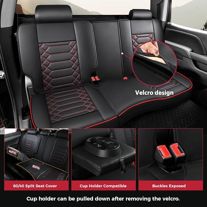 FREESOO for Silverado Seat Covers 2014-2018 Leather Full Set, Fit for Chevy Silverado GMC Sierra 1500 2500 3500 Crew Cab Waterproof Truck Seat Covers BlackRed