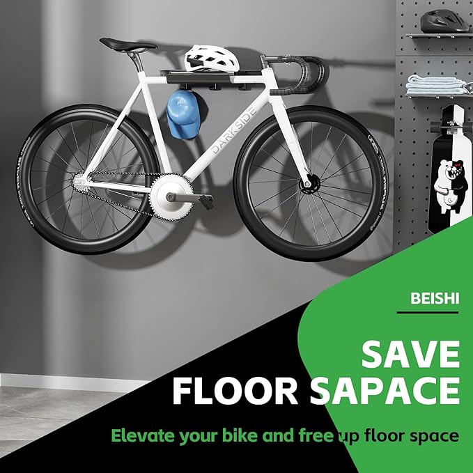 Bike Wall Mount Rack Indoor Bike Storage Garage Bike Rack Wall Mount with Shelf and Hooks Store Your Helmet and Shoes for a Single Road, Mountain or Other Bicycle (Fit Crank Bicycle,16" Stud)