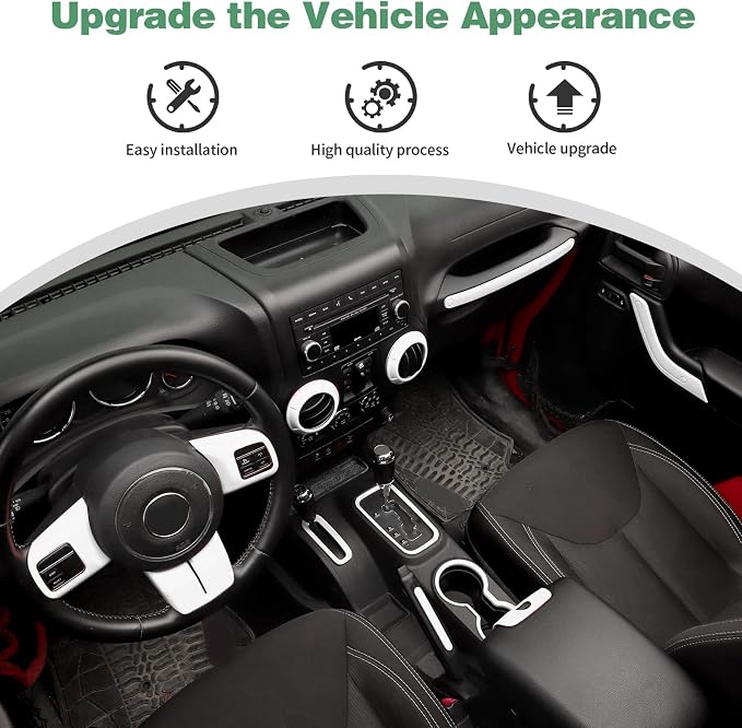 CheroCar 18PCS Interior Trim Kit for Jeep Wrangler JK JKU 2011-2018 4 Door,Steering Button Frame, Air Conditioning Vent Trim Cup Holder Cover,Gear Shift Knobs Frame,White,…