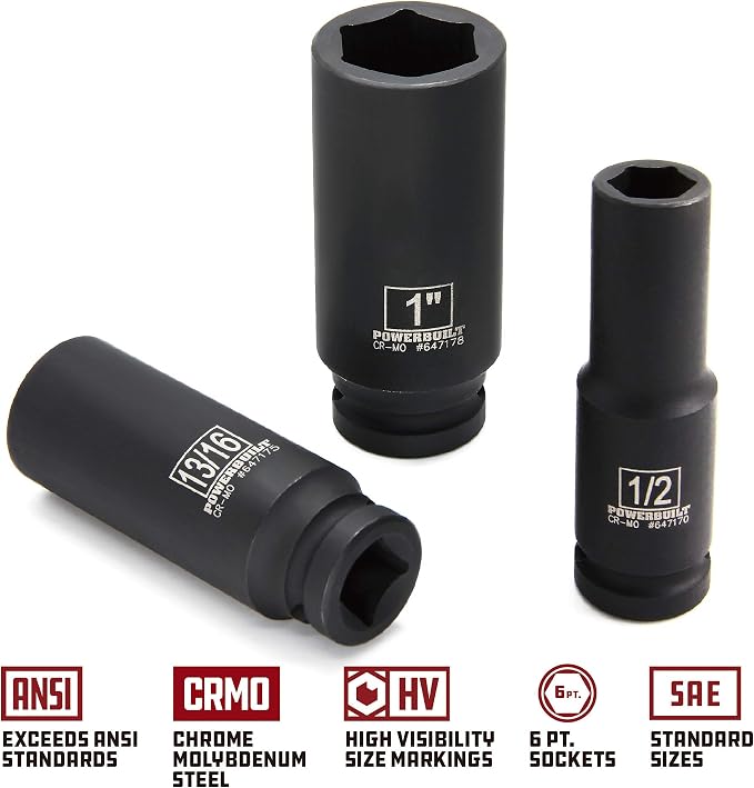 Powerbuilt 647049 1/2" Drive 6 Pt. SAE Deep Impact Socket Set, 11 Pieces , Black