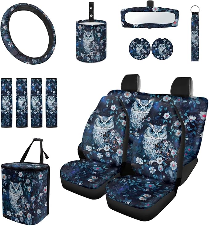 Floral Owl 15 PCS Car Seat Cover Full Set with Steering Wheel Cover Seat Belt Strap Pads Cup Coasters Trash Bag Rearview Mirror Cover Keychain Auto Interior Decor