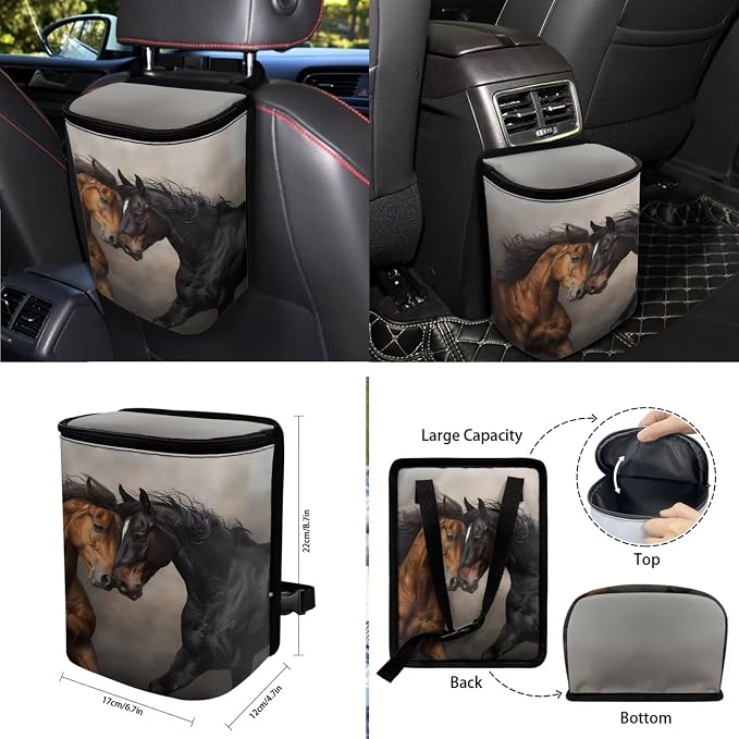 Horse Pattern Print Auto Accessories Set of 10, Car Font and Back Seat Covers Full Set Steering Wheel Cover Cup Coasters Keychain Car Trash Can Air Vent Storage Pounch for Women Men