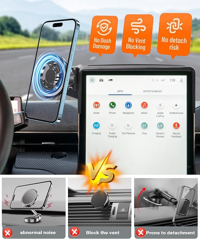 Magnetic Car Phone Mount for 2021-2026 Ford Mustang Mach-E Accessories, for MagSafe Strong Magnets Cell Phone Holder 15.5-Inch Touch Screen Cradles, with Portable Phone Gripper 360° Rotation