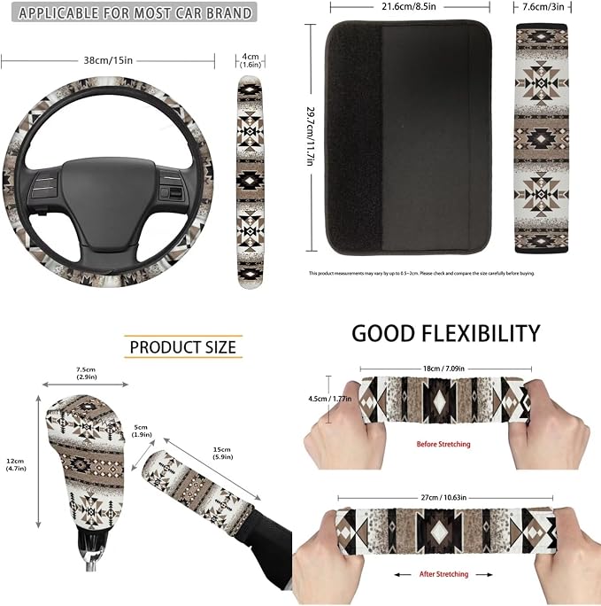 Western Aztec 11 Pack Car Accessories Set with Car Front Seat Cover Steering Wheel Cover Auto Seat Belt Cover Rear View Mirror Cover Easy to Install for Car SUV Seat Protector