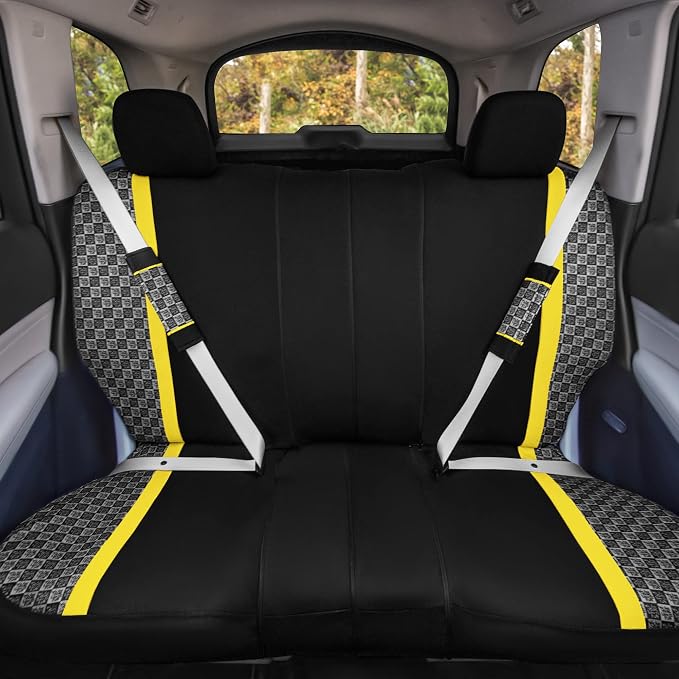 We Are Young Life is Fun™ Checker Car Seat Covers Universal Fit Interior Accessories Full Set Yellow Seat Cover Combo Steering Wheel Cover and Seat Belt Pads, Airbag and Split Rear Car Seat Covers