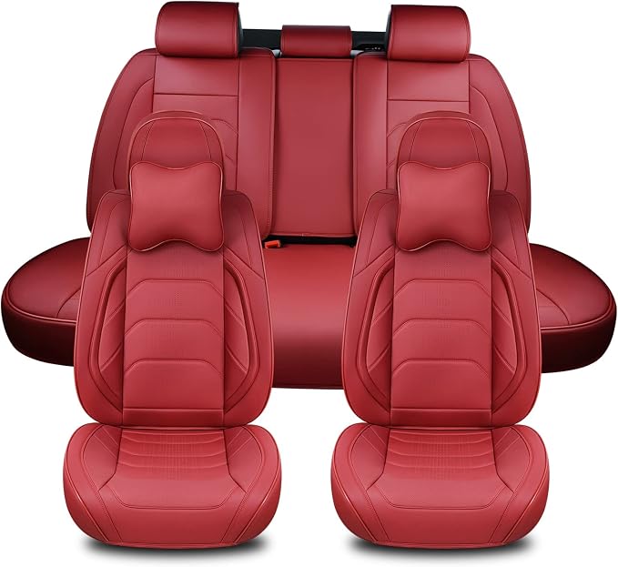TIEHESYT Martha Red Car Seat Covers Full Set, Breathable Leather Automotive Front and Rear Seat Covers & Headrest for Comfortable Driving, Universal Auto Interior Fit for Most Kinds of Vehicles, Cars