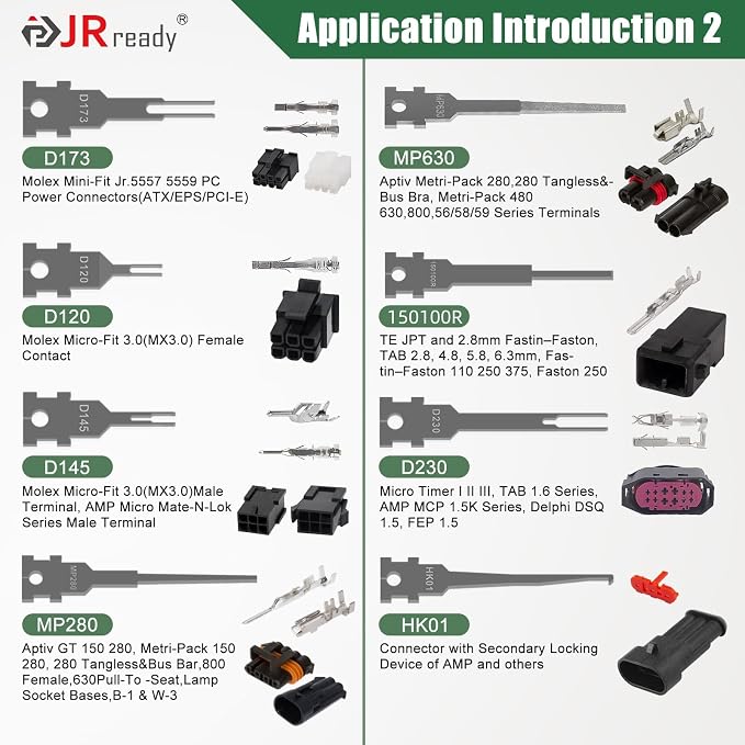 JRready ST5355 Terminal Removal Tool Kit - Universal Vehicle Wire Harness Depinning Tool Pin Removal Tool, for Tyco JPT MCP MCON MQS, Sumitomo, Delphi, Molex Pin Extractor, with 16Pcs Replacement Tips