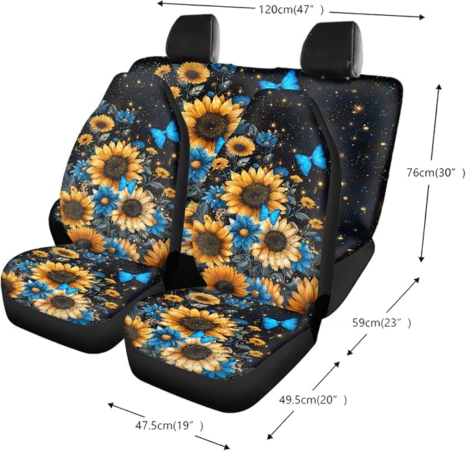 Sunflower Butterfly Daisy Print Car Seat Covers Full Set, Car Accessories Set of 13, Universal Fit Steering Wheel Cover + Safe Belts Cover + Coasters with Notch for Trucks SUV Van